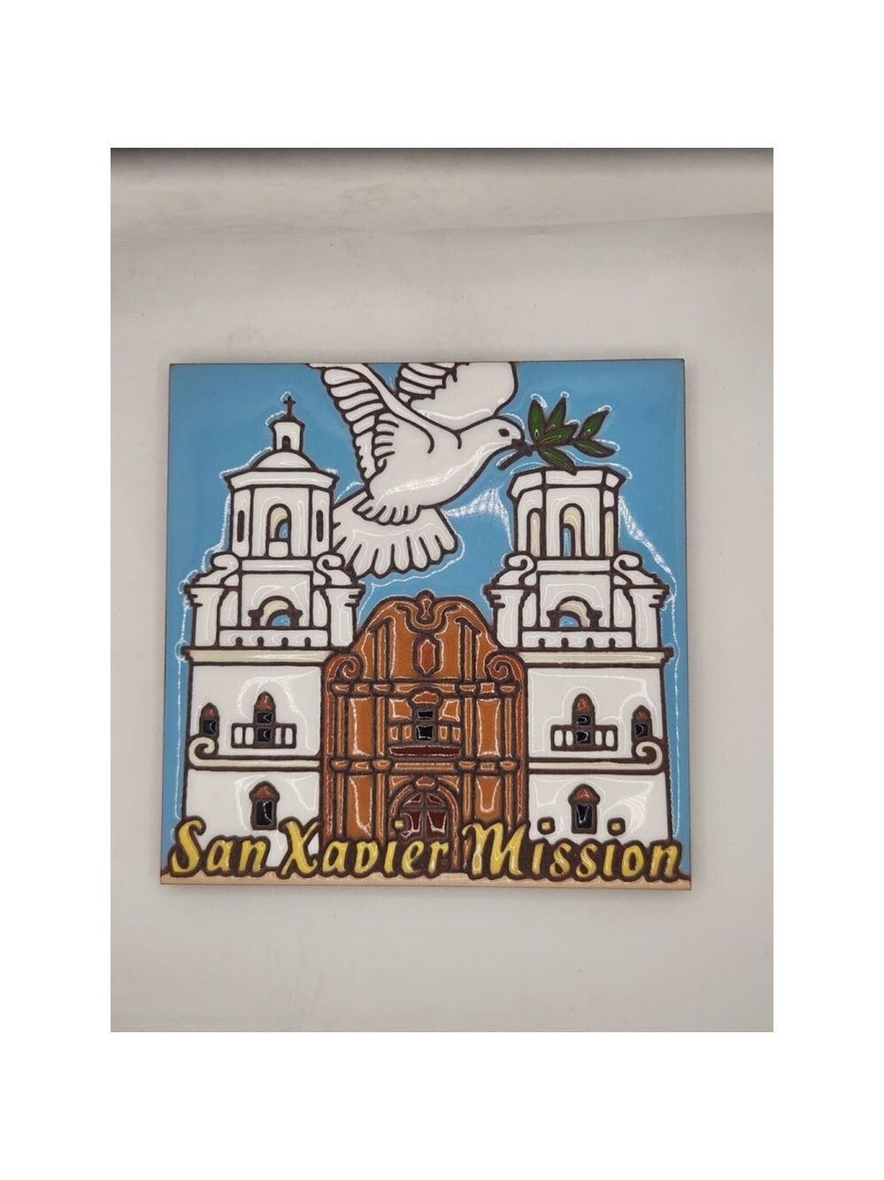 San Xavier Mission Signed Decorative Blue/White 6x6in Wall Tile New